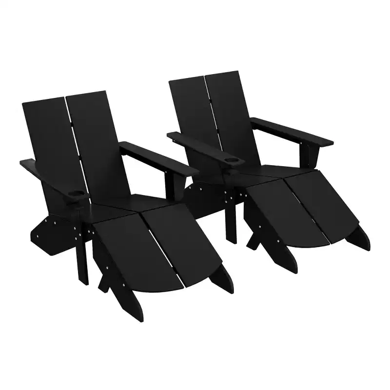 WestinTrends Riviera Outdoor 4-Piece HDPE Modern Adirondack Chairs Set with Folding Patio Ottomans and Cup Holder