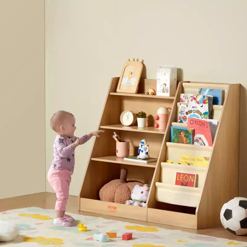4-Tier Kids Wooden Bookshelf, Six-Layer Sling Bookcase, Baby Storage Book Rack, Book Toy Organizer Cabinet, for Kids Room, Playroom