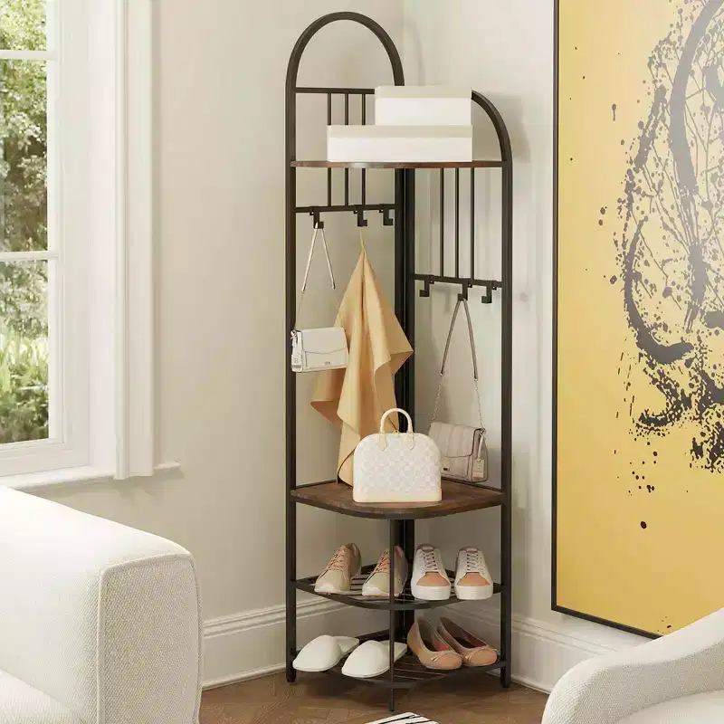 4-Tier Corner Hall Tree with Shoe Bench & 6 Hooks – Brown / Natural / White – 1 Person