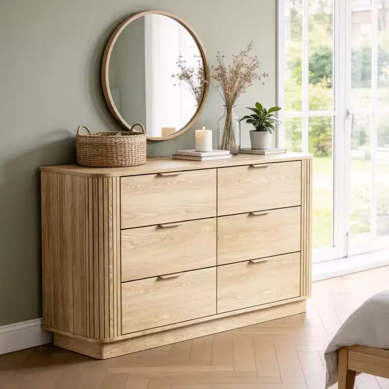 Qwatto 6 Drawer Double Dresser Mid Century Modern Fluted Wood Chest of Drawers Curved Profile Wide Bedroom Storage Organizer Cabinet for Nursery Oak