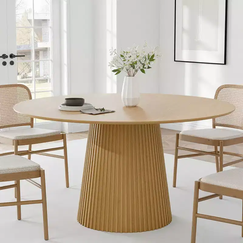 52 Round Dining Table for 6 People Modern Pedestal Table with Fluted Cone Base & Wood MDF Top for Small Space Kitchen Dining Room Cafe Natural