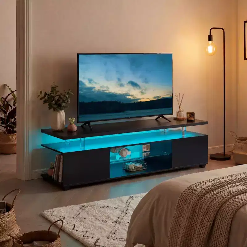 JVNOXK TV Stand for 60 Inch TV LED Gaming Entertainment Center Media Storage Console Table with Large Side Cabinet for Living Room( Black)