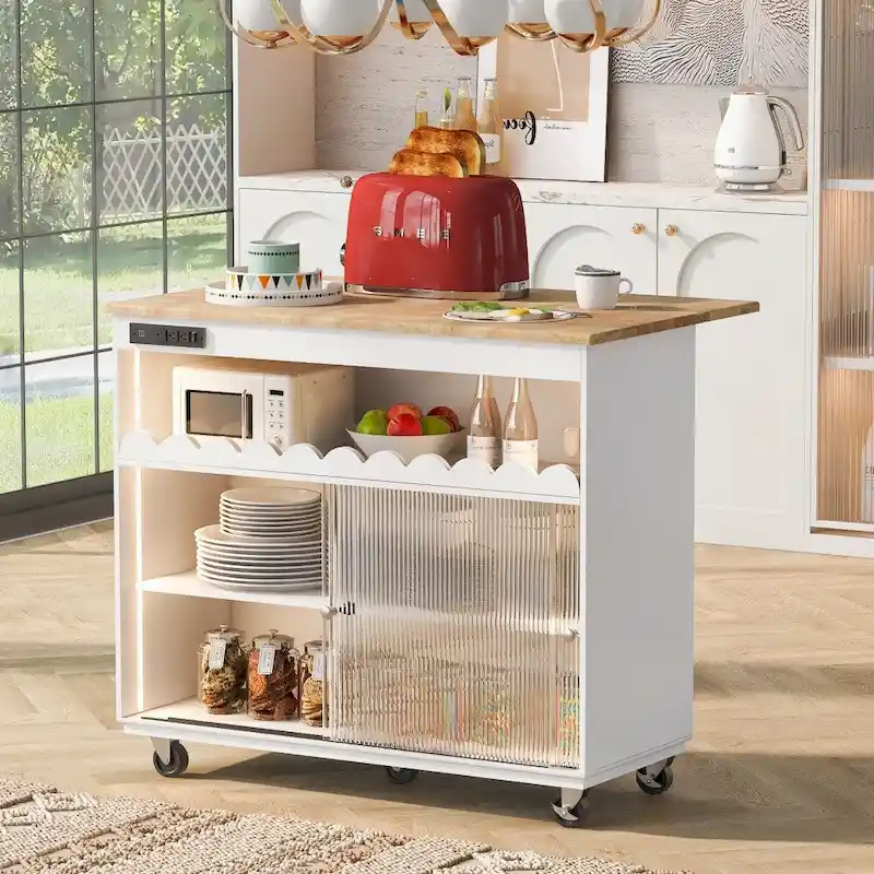 LED Light Kitchen Island on Wheels with Drop Leaf and Power Outlets