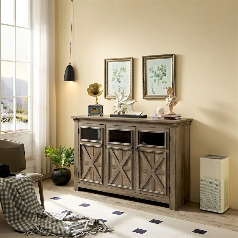Gray / Espresso 3-Door Storage Cabinet with Glass Panels & Metal Handles