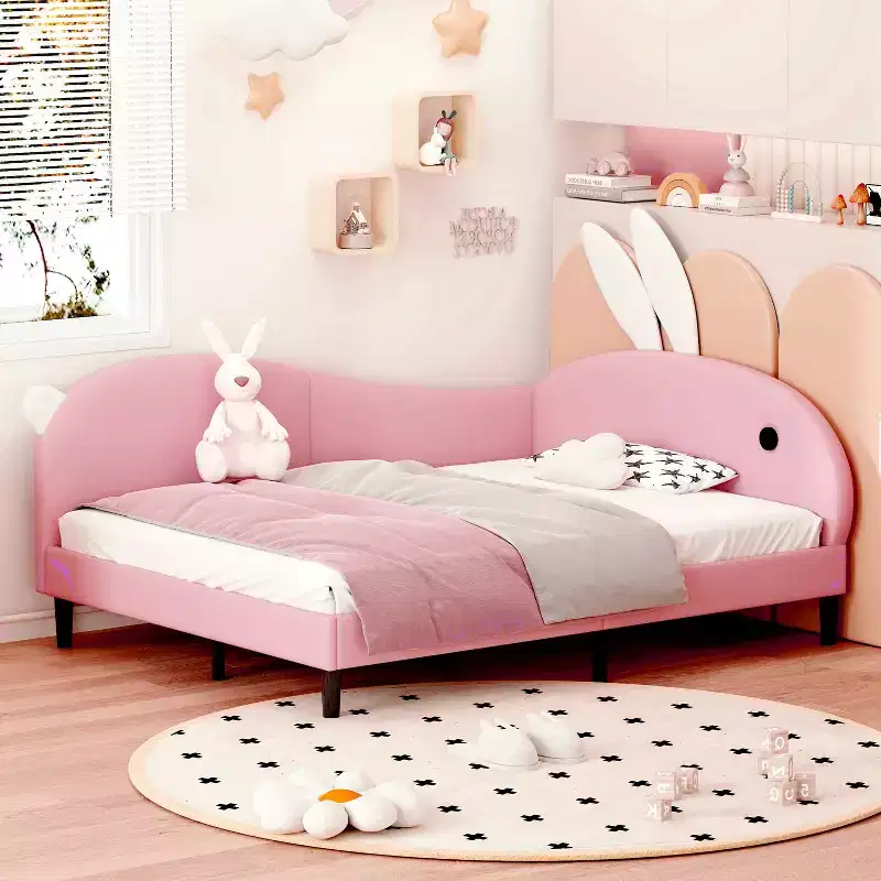 Full Size Upholstered Cute Kids Daybed, Rabbit Shape Sofabed with Headboard for Girls, Pink