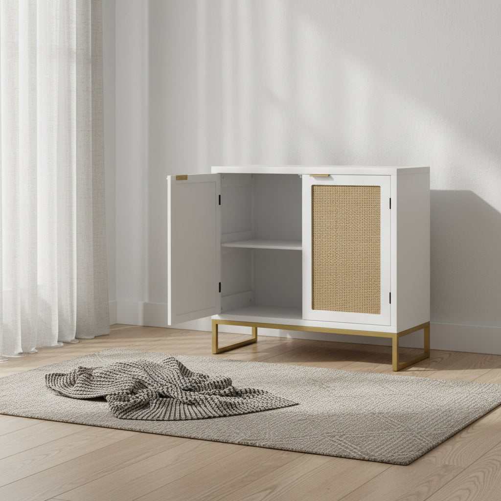 Modern 2-Door White Rattan Buffet Sideboard Wood Kitchen Accent Storage Cabinet