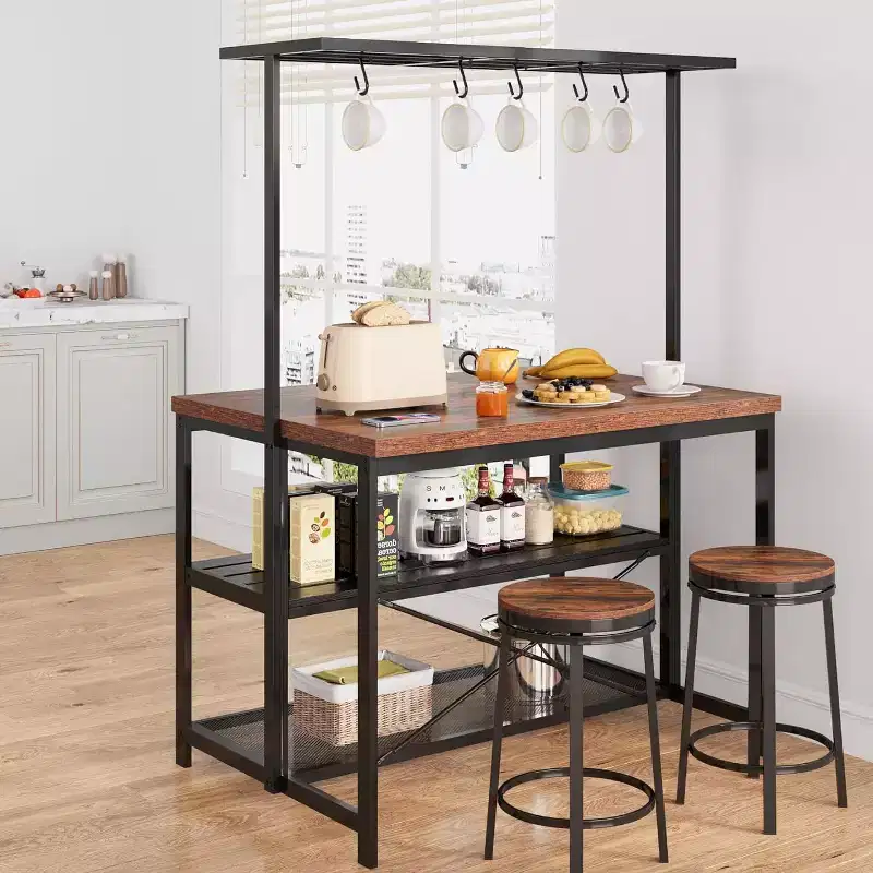 Black Industrial Kitchen Island with Wood Top, 3-Tier Shelves & Power Outlets, Seats 4 (47