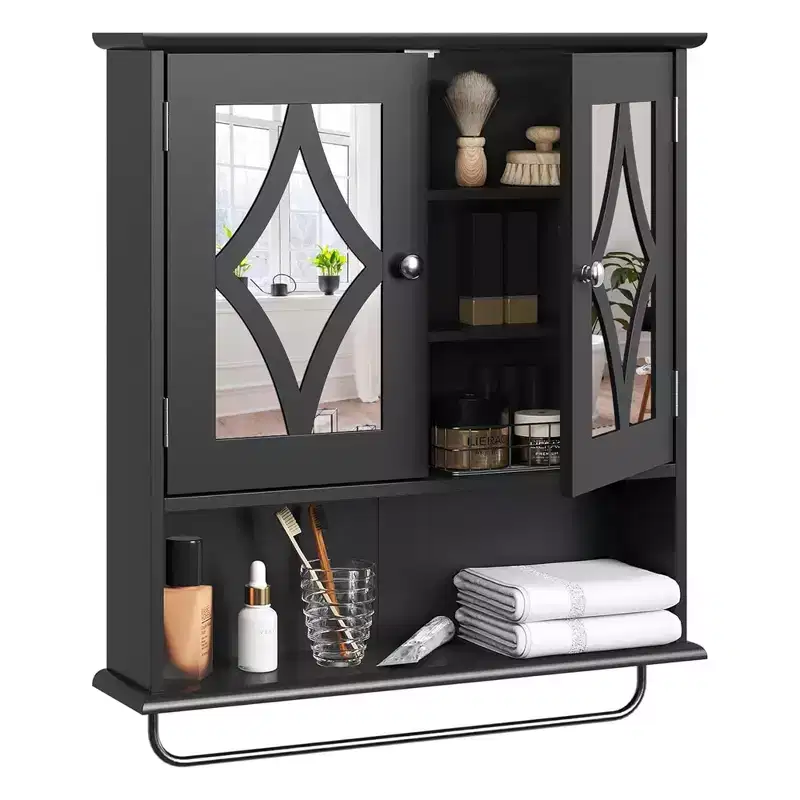 RoyalCraft Bathroom Medicine Cabinet, Wall Mount Storage with Mirror, Towel Bar, and Adjustable Shelves for Wash Room, Laundry, Black