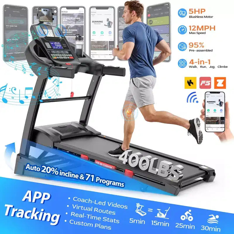 5HP Folding Treadmill for Home with Incline / Bluetooth, 400lb Weight Capacity, Exercise Running Walking Easy Assembly