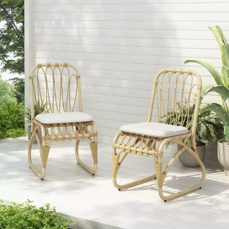 MAYEERTY Set of 2 Outdoor PE Wicker Dining Chairs With Washable Cushion Natural Rattan for Patio Garden