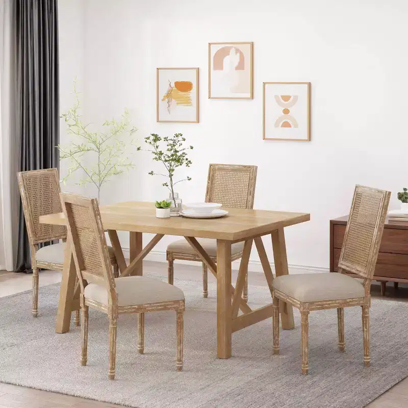 of 4 French Country Wood and Cane Upholstered Dining Chairs