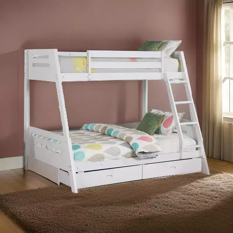 Royal Hamton Twin Over Full Bunk Bed with Ladder, 2 Drawers, White Solid Wood