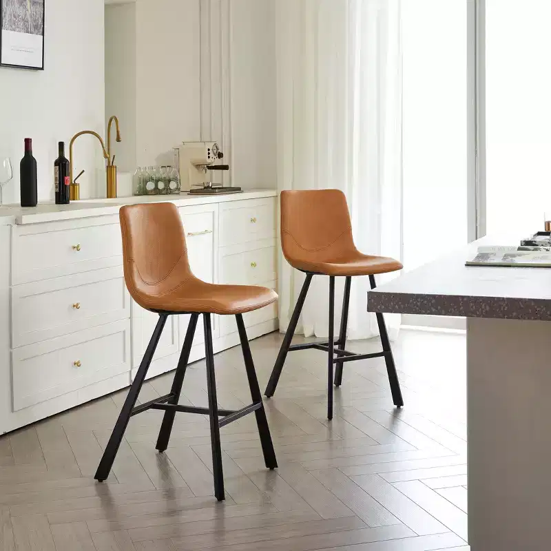 Okak Modern Set of 2 Bar Stools Kitchen Island Chairs with Ergonomic Curved Backrest & Footrest,Faux Leather Counter Stools