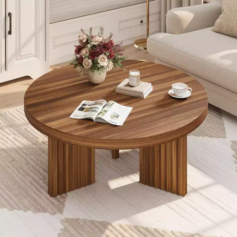 33.5 Round Coffee Table, Circle Center Table with Fluted Legs & 1.3 Thick Top, Accent Cocktail Tables for Bedroom, Living Room, Easy Assembly
