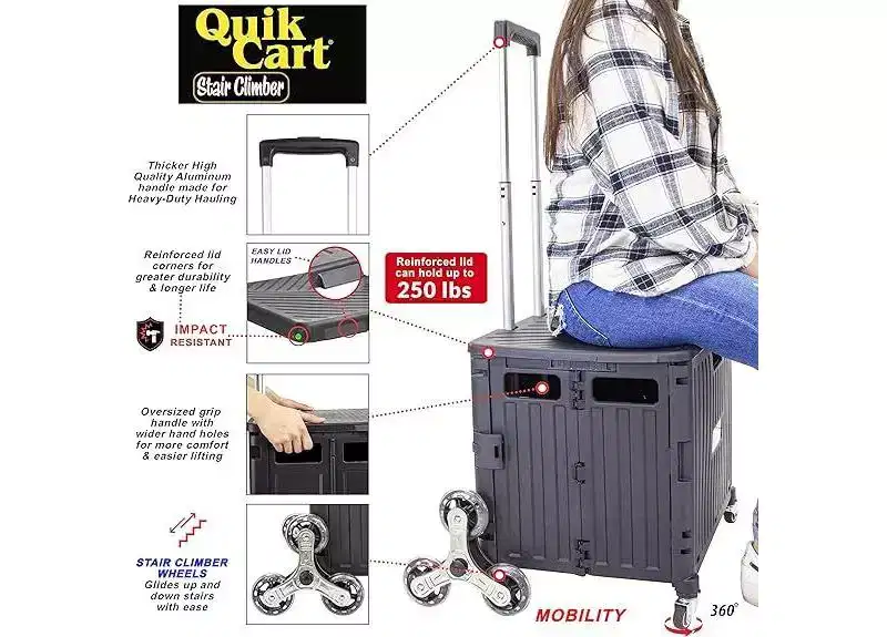 dbest products Quik Cart Stair Climber Wheeled Rolling Crate With Seat & Heavy Duty Collapsible Basket