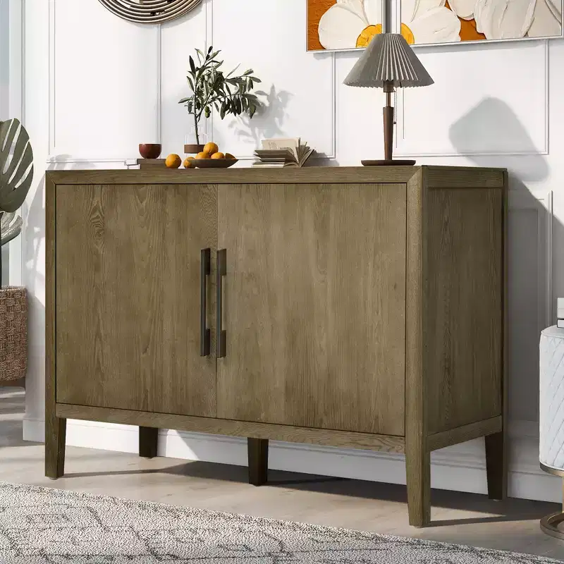 Wooden storage cabinet/dining cabinet with two metal handles and two doors, suitable for hallways, entrances, and living rooms.