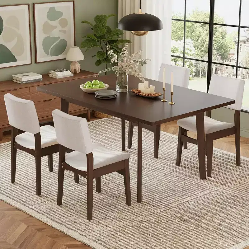 Polibi Modern 5-Piece Dining Set with Solid Wood Table & 4 Upholstered Linen Chairs