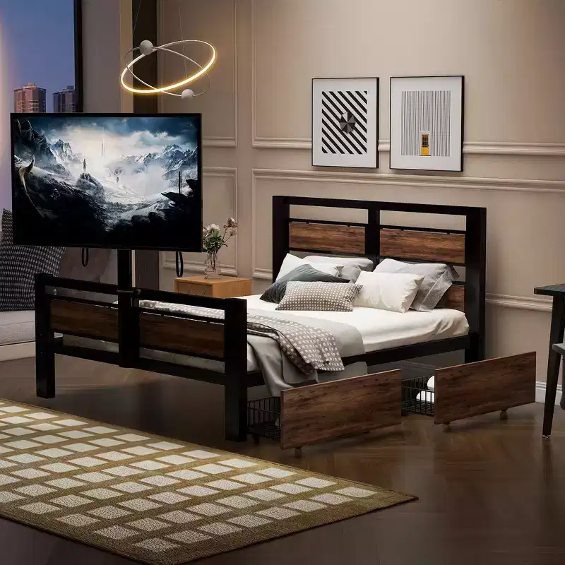 Whisen Metal Twin Size Platform Bed with Headboard, Footboard, Two Drawers and TV Stand - Black