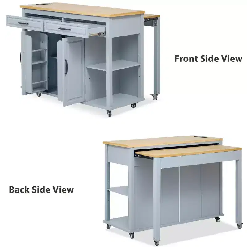 47 Kitchen Island with Extendable Dining Table Rubber Wood Veneer Kitchen Table with Storage Rack & Power Outlet & 2 Drawers 2 Cabinet Blue
