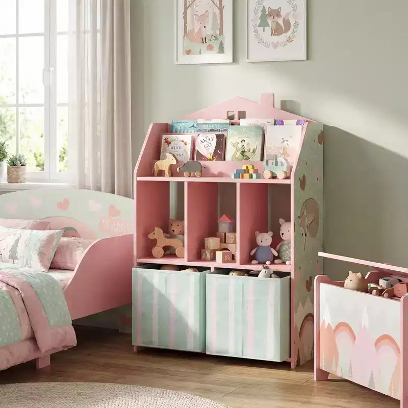 Qaba Kids Bookshelf with Toy Storage, Children's Bookcase with Book Display, Shelves and Fabric Drawers, Toy Organizer for Playroom and Nursery, Pink