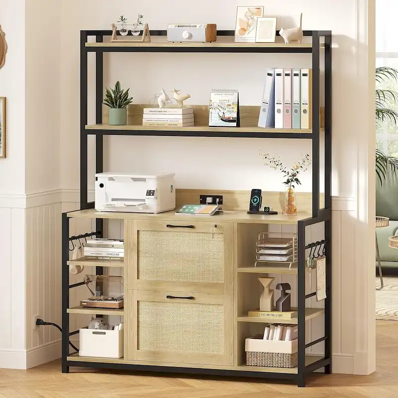 Natural / Black / Brown 6-Layer Vertical File Cabinet with Lock & Charging Station, 1–2 Person