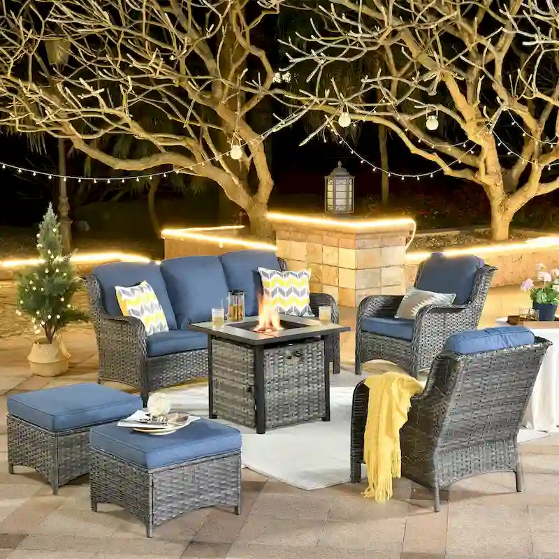 OVIOS Grey Wicker 6-piece Patio Furniture Set With 30 Fire Pit