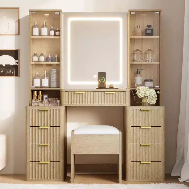 JVNOXK 43.5-inch Modern Vanity Set with Mirror and Light, Featuring Drawers, Clear Glass Cabinet, Includes Stool and Charging Station, Oak