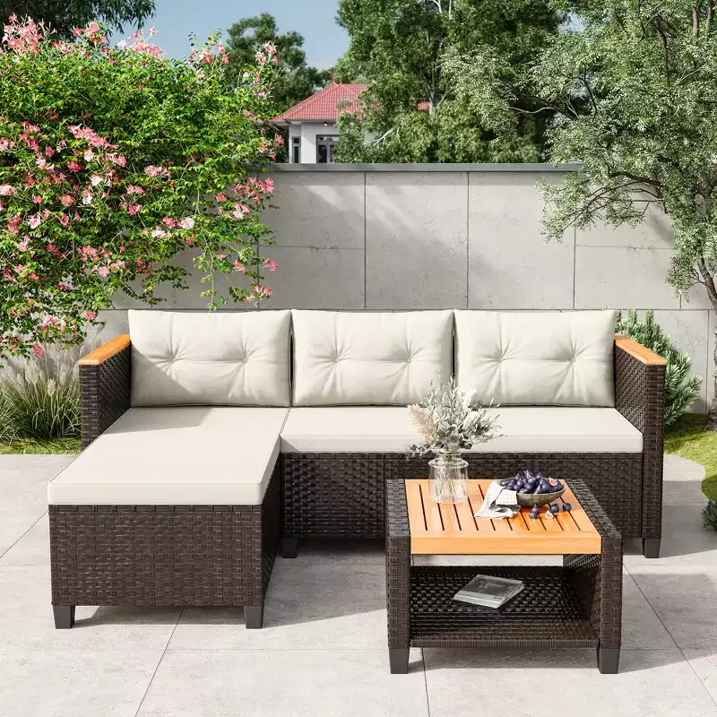 Heynemo 4-Seat Patio Furniture Set, All-Weather PE Rattan Outdoor Sectional with Storage Table, L Shape Outdoor Couch with Cushions