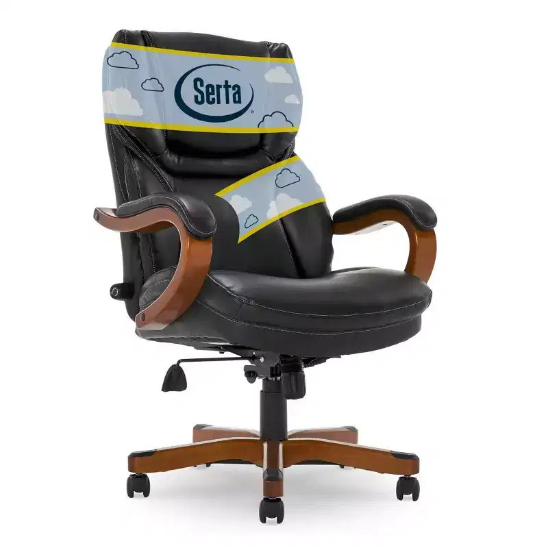 Executive Office Chair in Black Bonded Leather - Serta: High-Density Foam, Fixed Arms, Wood Frame