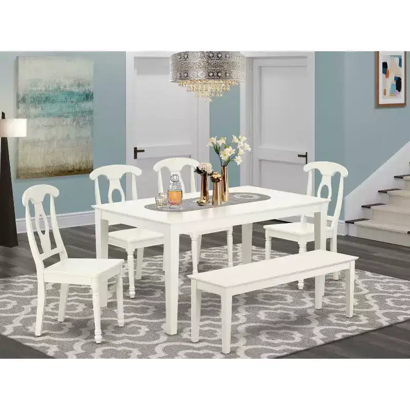 Country Cottage Dining Set 6pc - 60 Inch Table, 4 Chairs, Bench - Farmhouse Style