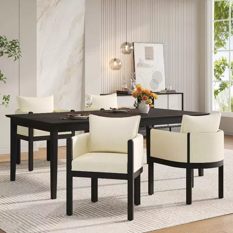 Modern Rubberwood Linen Upholstered Armchairs (Set of 4)