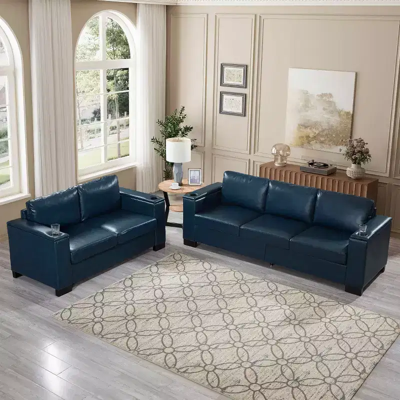 MAYEERTY Two Pieces 2+3 Seater Sectional Sofa with Cup Holder Square Arm Upholstered Faux Leather for Living Room Navy Blue