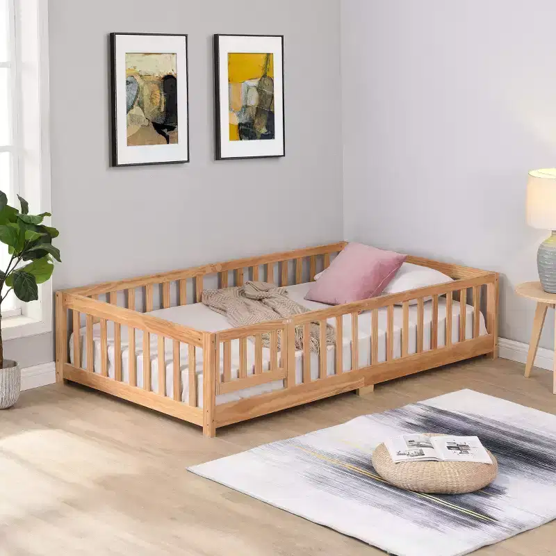 TUYOHW Full Size Toddler Floor Bed with Door for Kids,Modern House Montessori Bed with Fence for Bedroom