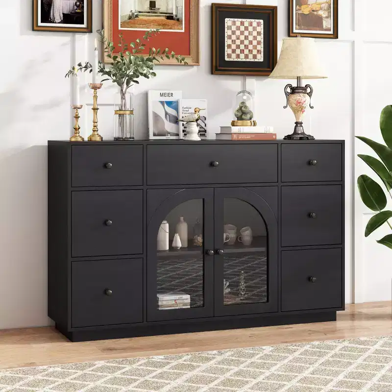 Christopher Knight Home Mirae 55.1'' Vintage Storage Cabinet with 7 Drawers, 2 Glass Doors and Adjustable Shelves