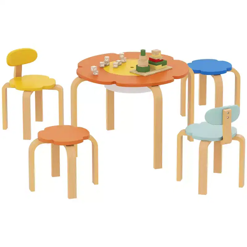 Qaba 5 Piece Kids Table and Chairs Set, Flower-Shaped Toddler Table and Chair Set with Built-in Storage, for Drawing Reading Art Craft Activity