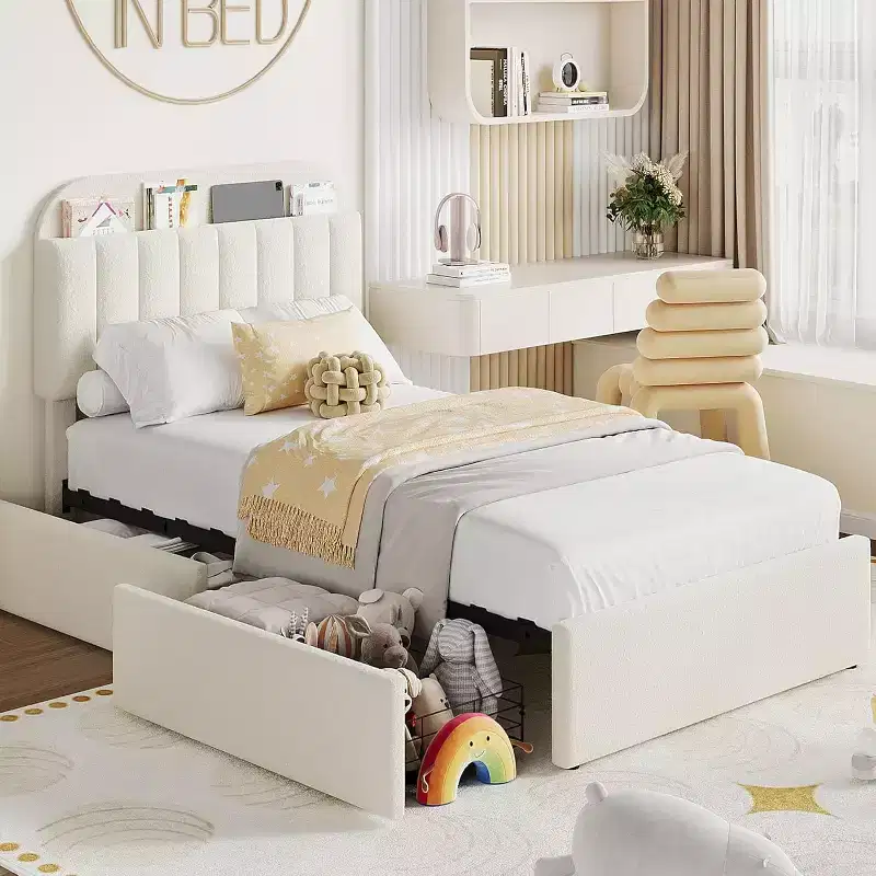 Twin Size Bed Frame, Easy Assembly Space Saving Design for Living Room & Guest Room, Beige