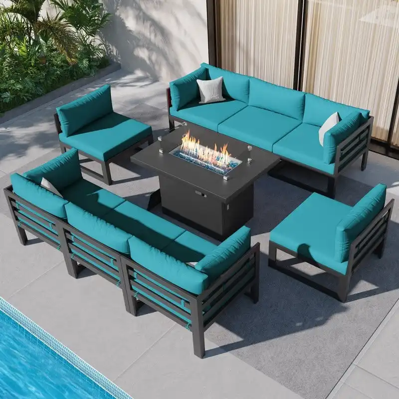 FINCATI 9-piece Luxury Oversized Aluminum Patio Furniture Set with Deep Seats and Convertible 43 Fire Pit Table