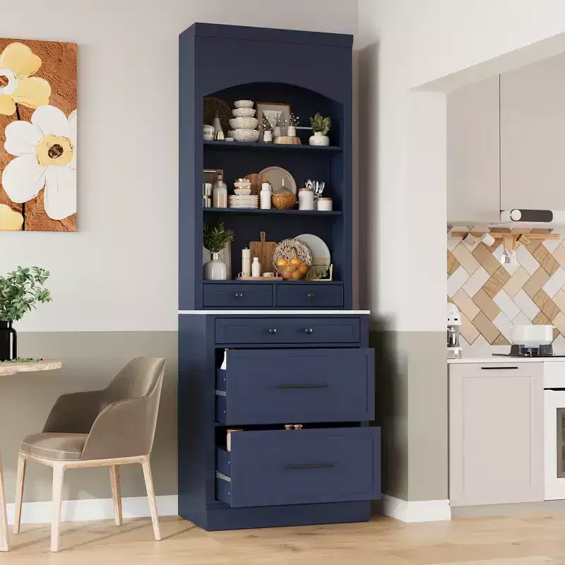 Freestanding Kitchen Pantry Storage Cabinet with Drawers and Shelves, Tall Kitchen Hutch with Faux Marble Top