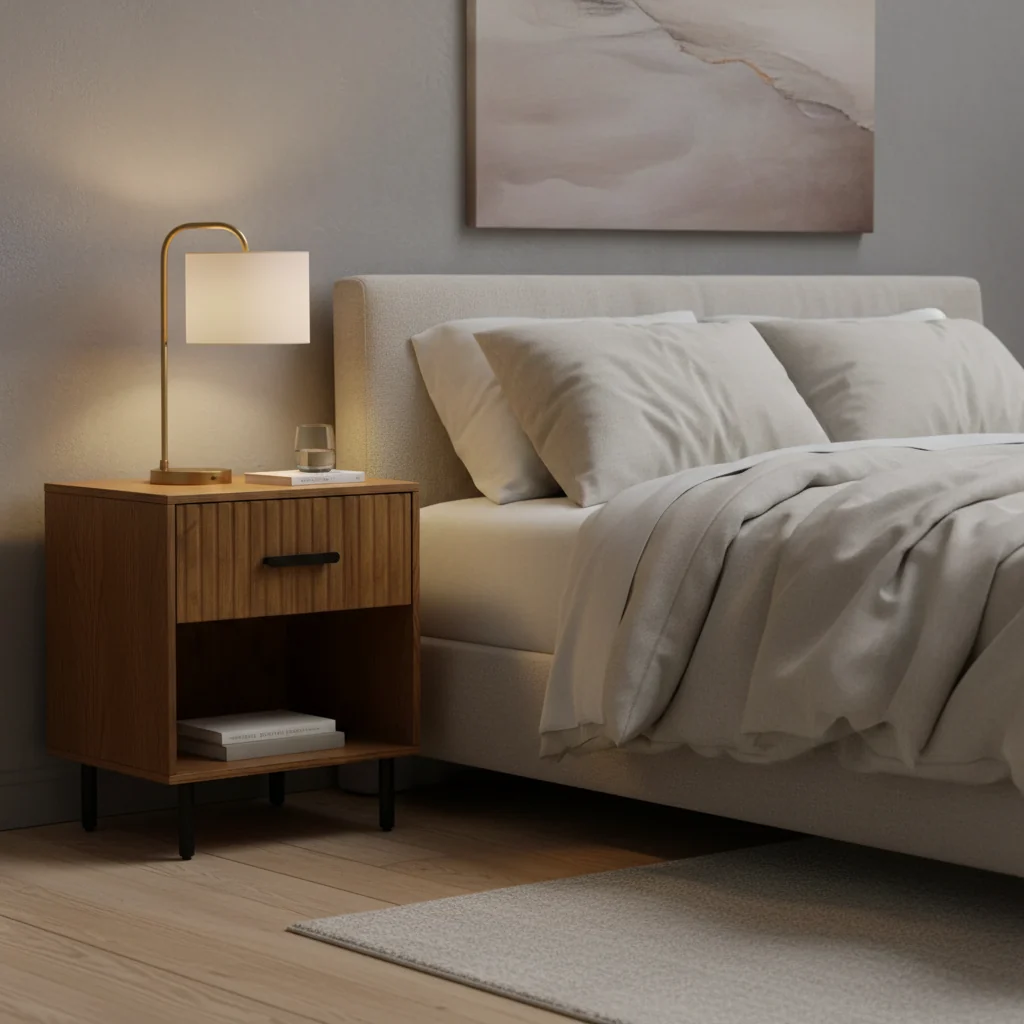 1 Drawer 1 Shelf Nightstand, Walnut, Metal Frame with MDF Surface