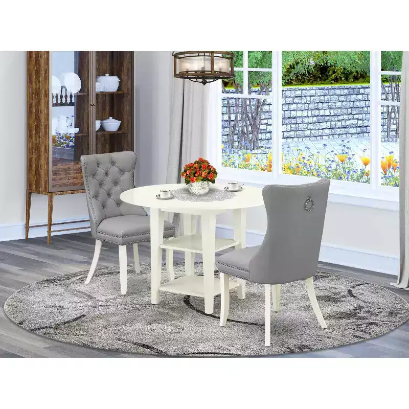 HomeStock 3-Pc Linen White Finish Round Solid Wood Top With Dropleaf Dining Table Set