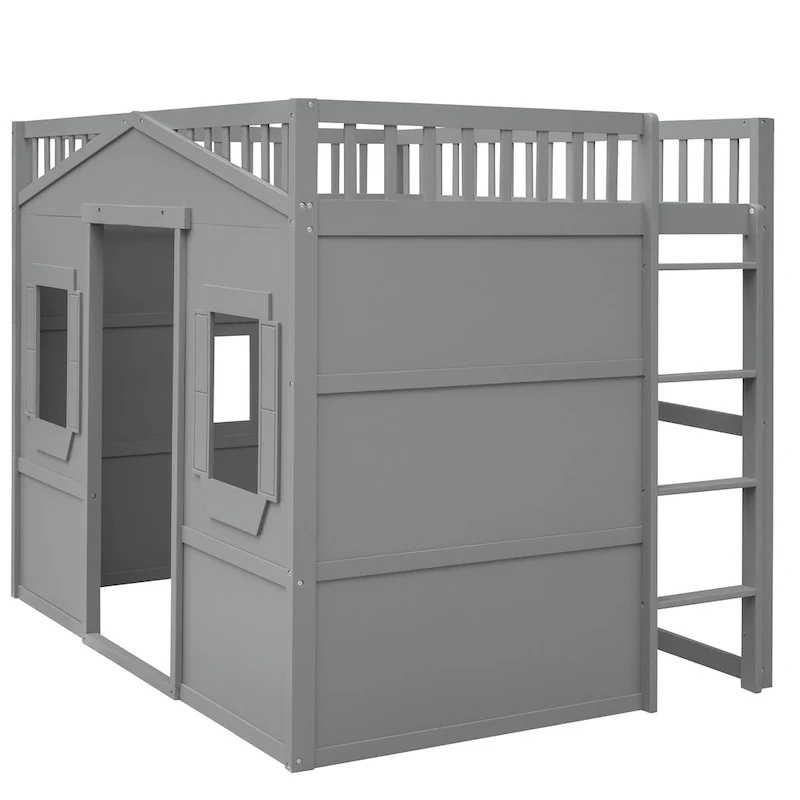 Full Size House Loft Bed With Ladder-Gray