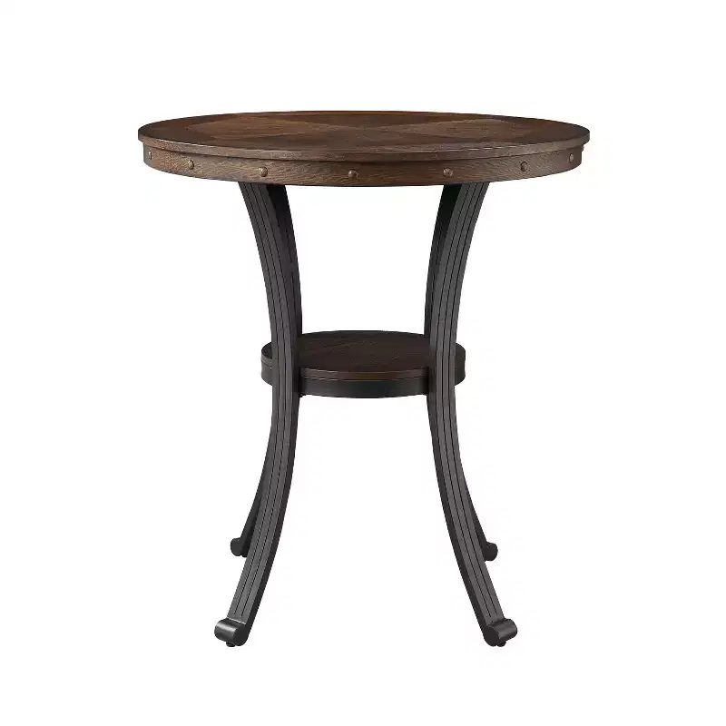 40" Angelo Bar Height Table Oak - Powell: Transitional Bronze Metal Legs, Circular Shelf