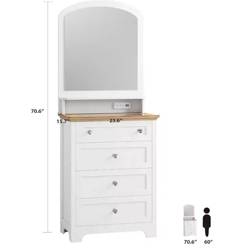 DobleePy 4-Drawer Dresser with Mirror, LED Strip & Charging Station, Modern Makeup Vanity Cabinet for Bedroom, Entryway, Small Space