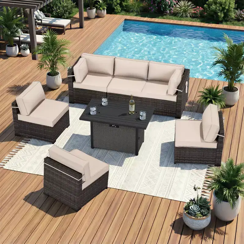 UPTIOT All-Weather Patio Set with Corner Loungers, Deep-Seat Chairs & Grey Convertible Fire Table for Ultimate Outdoor Comfort