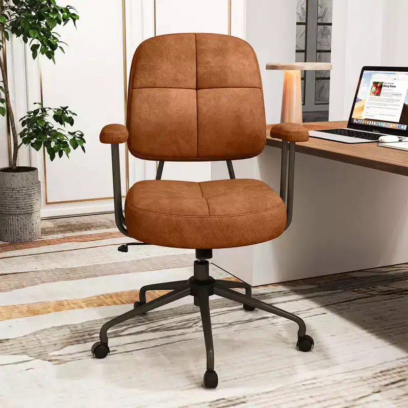 Costway Home Office Chair Leathaire Upholstered Task Chair with Cushioned Back & Armrests Brown/Beige