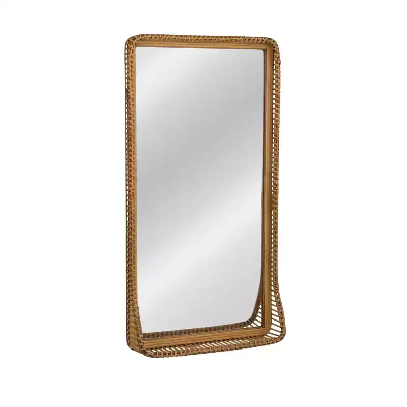 Storied Home Handwoven Rattan and Bamboo Rectangular Wall Mirror with Shelf, Natural
