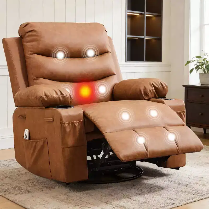 PU Leather Rocker Recliner Chair with Massage and Heat, Swivel Reclining Sofa with Cup Holder, Rocking Chair for Living Room, Bedroom, Brown