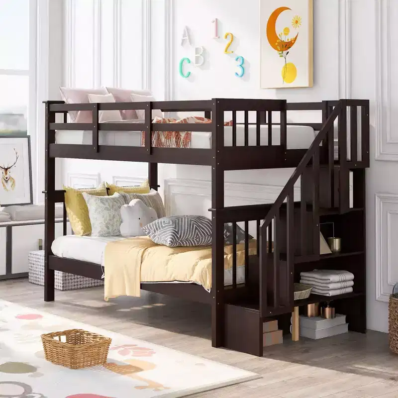 Stairway Twin-Over-Twin Bunk Bed with Storage and Guard Rail for Bedroom, Dorm, White color