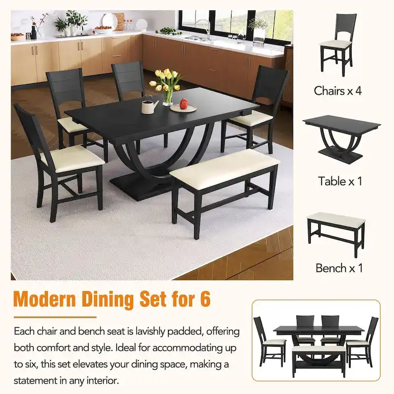 6-Piece Wood Half Round Dining Table Set Kitchen Table Set with Long Bench and 4 Dining Chairs, Modern Style, Gray