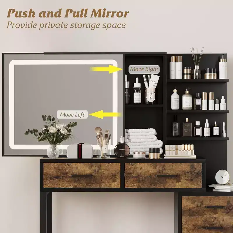 Makeup Vanity Desk with Sliding Mirror and Lights, Large Dressing Table with Charging Station